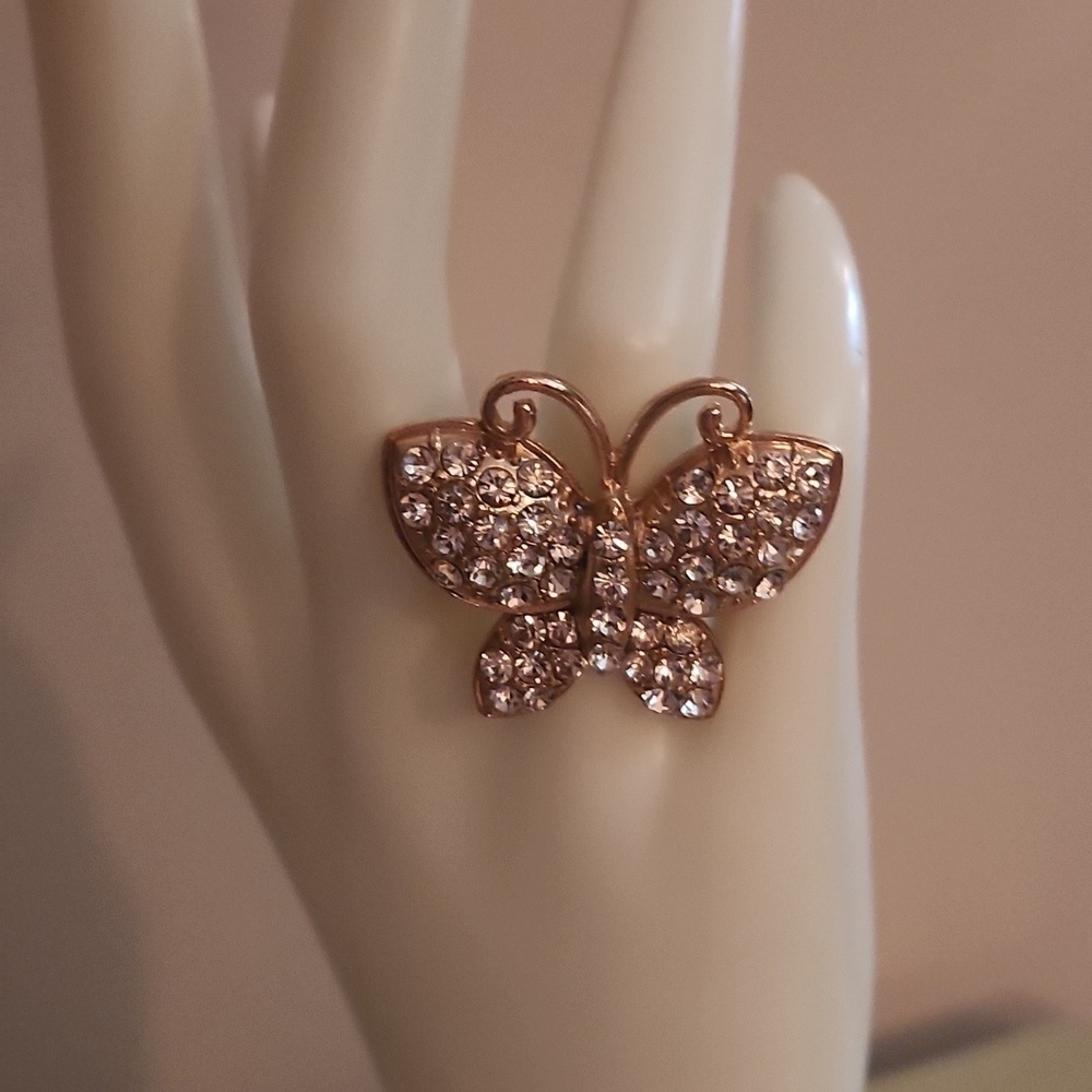 JTV Off Park Crystal Butterfly Gold Tone Stretch Ring